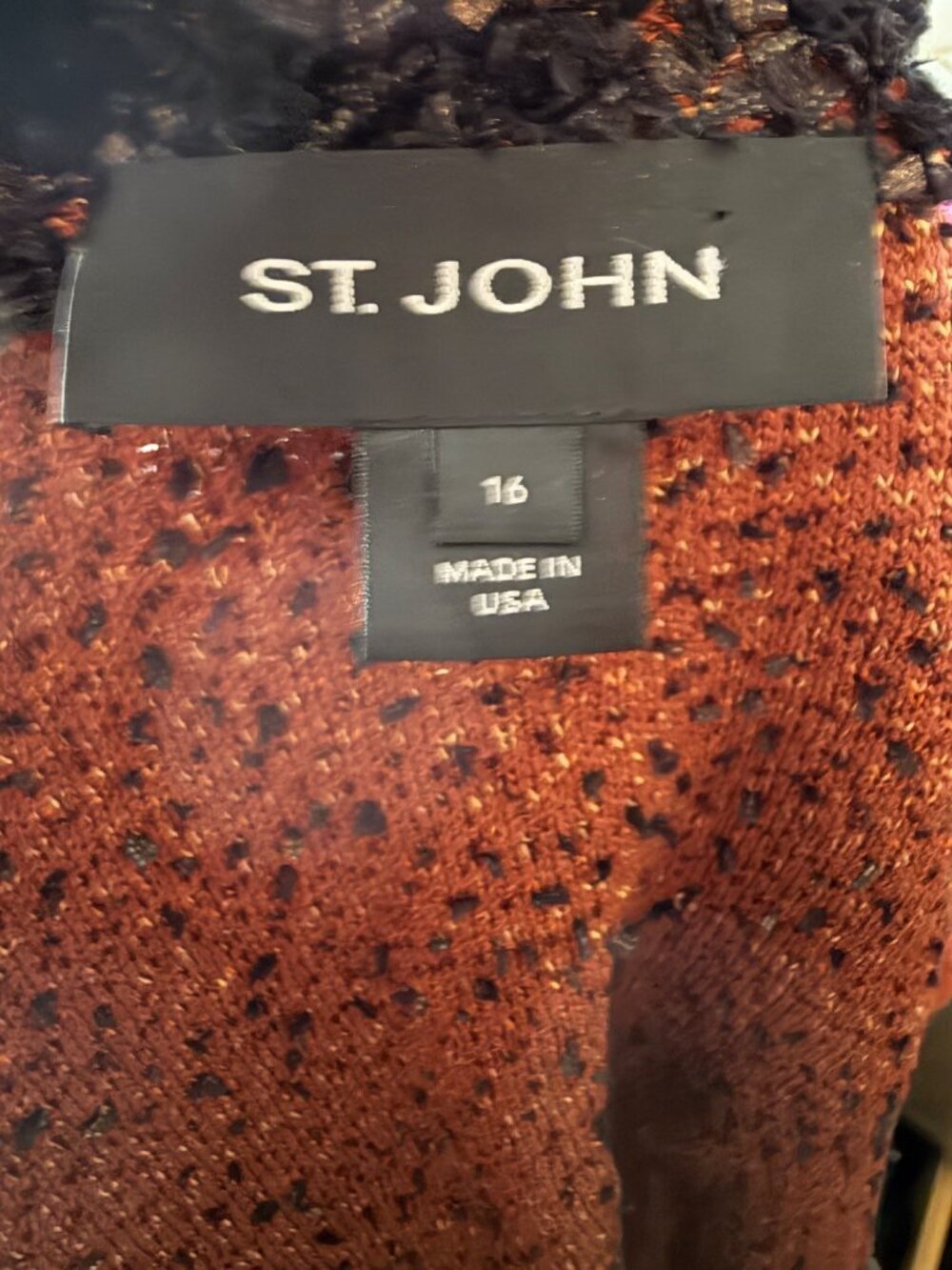 St. John Black Orange Boucle Knit Open Front Blazer Jacket Size 16 Made In USA - Picture 8 of 11